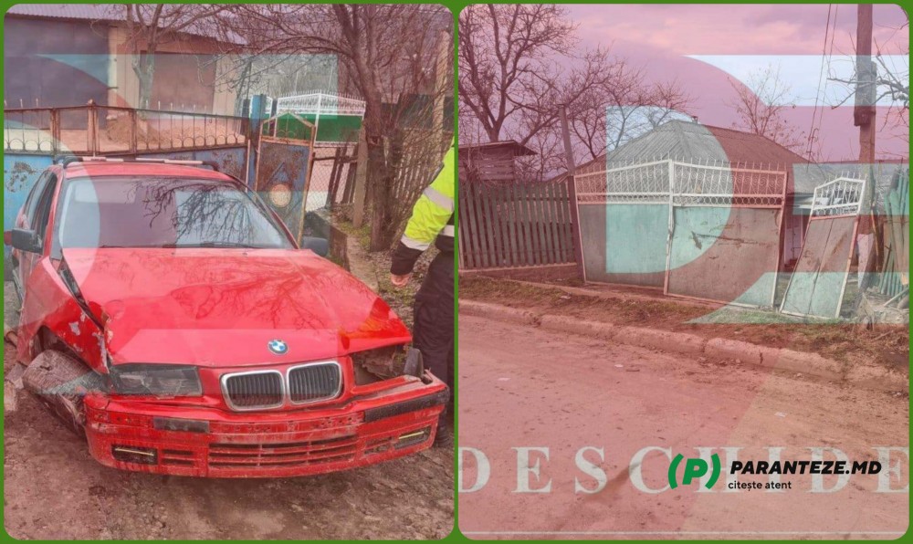 FOTO // Și-a bușit BMW-ul într-o poartă iar apoi l-a ascuns de poliție într-o ogradă
